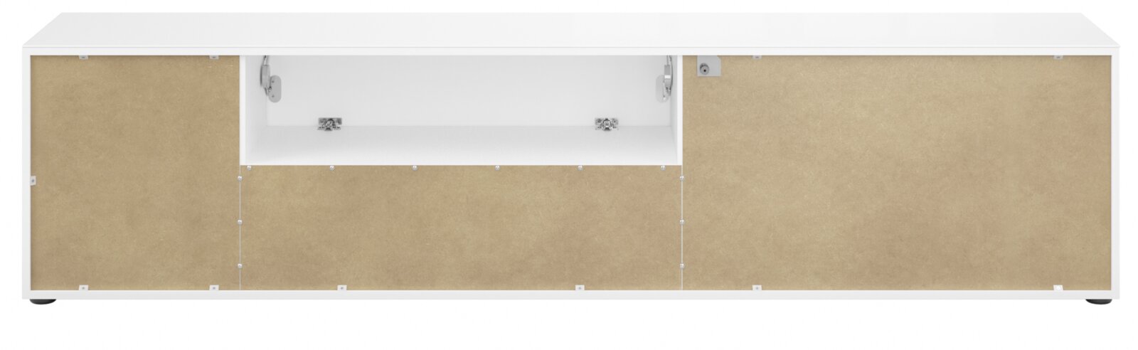 Rückansicht eines XL-TV-Lowboards mit weißem Rahmen und braunen Rückwänden.