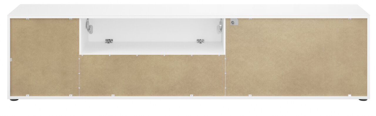 Rückansicht eines XL-TV-Lowboards mit weißem Rahmen und braunen Rückwänden.