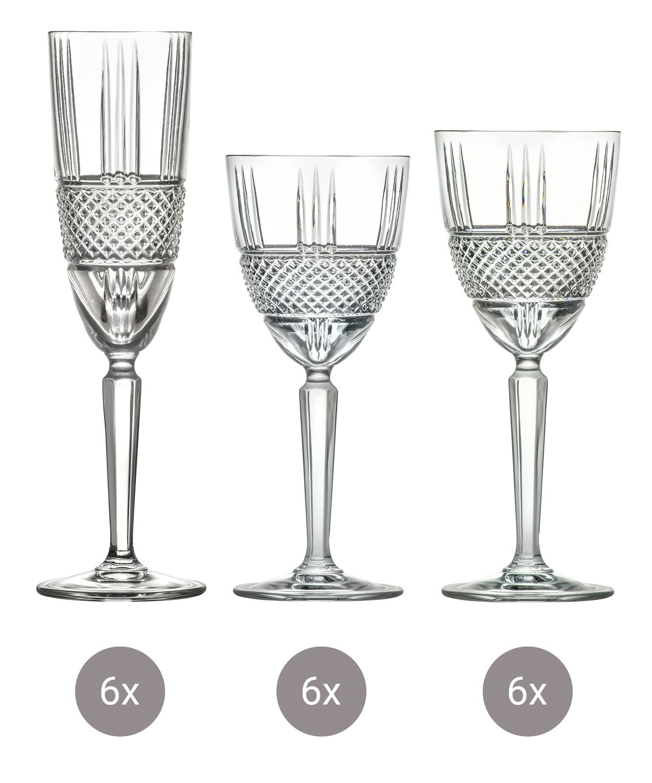 Drei verschiedene Kristallgläser in Frontalansicht, jeweils sechsmal vorhanden. Links ein hohes Sektglas, in der Mitte ein mittelhohes Weinglas, rechts ein breiteres Weinglas. Alle Gläser haben ein elegantes, geschliffenes Design.