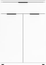 Weißer Schuhschrank mit zwei Türen und einer Schublade, frontale Ansicht