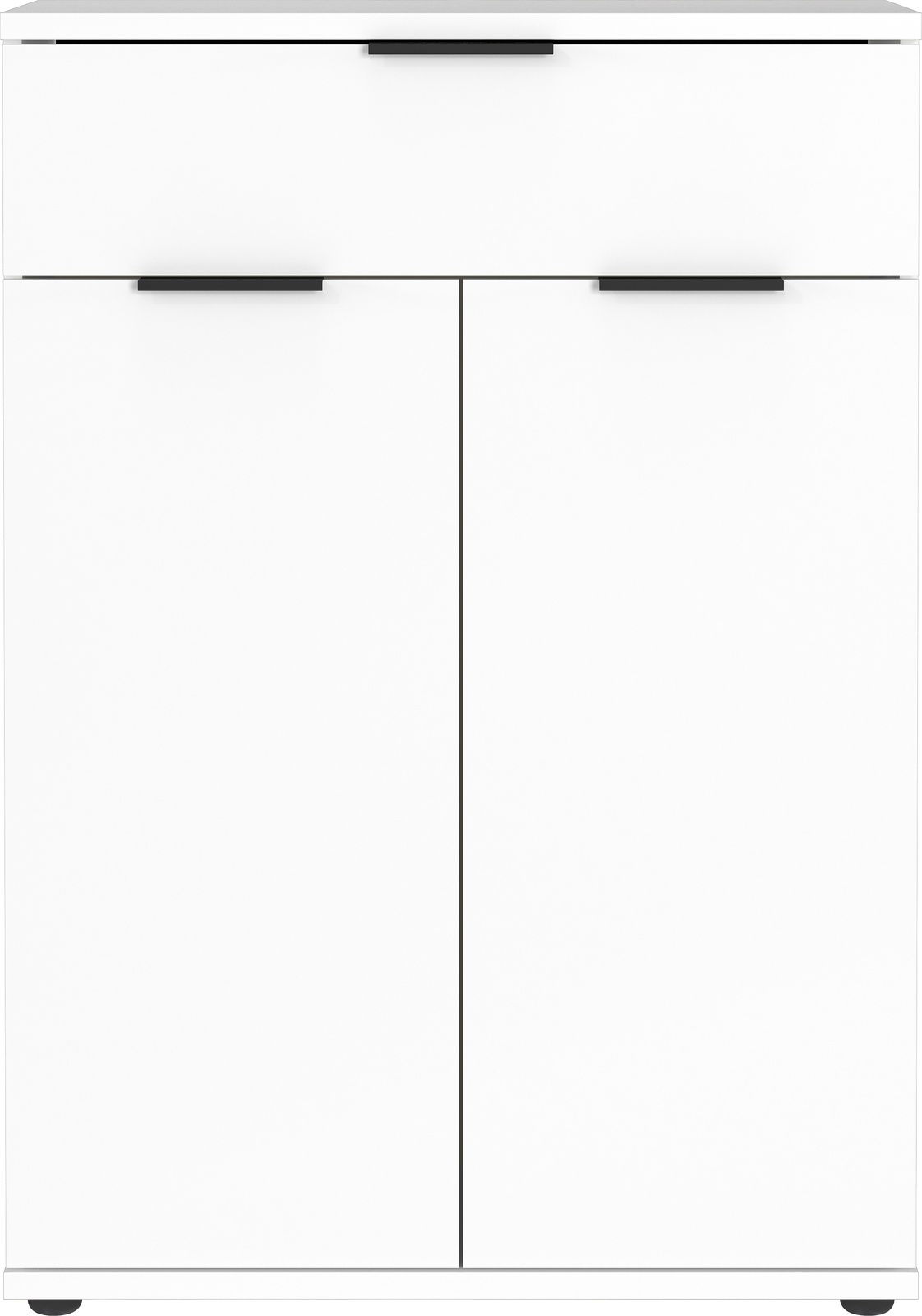 Weißer Schuhschrank mit zwei Türen und einer Schublade, frontale Ansicht