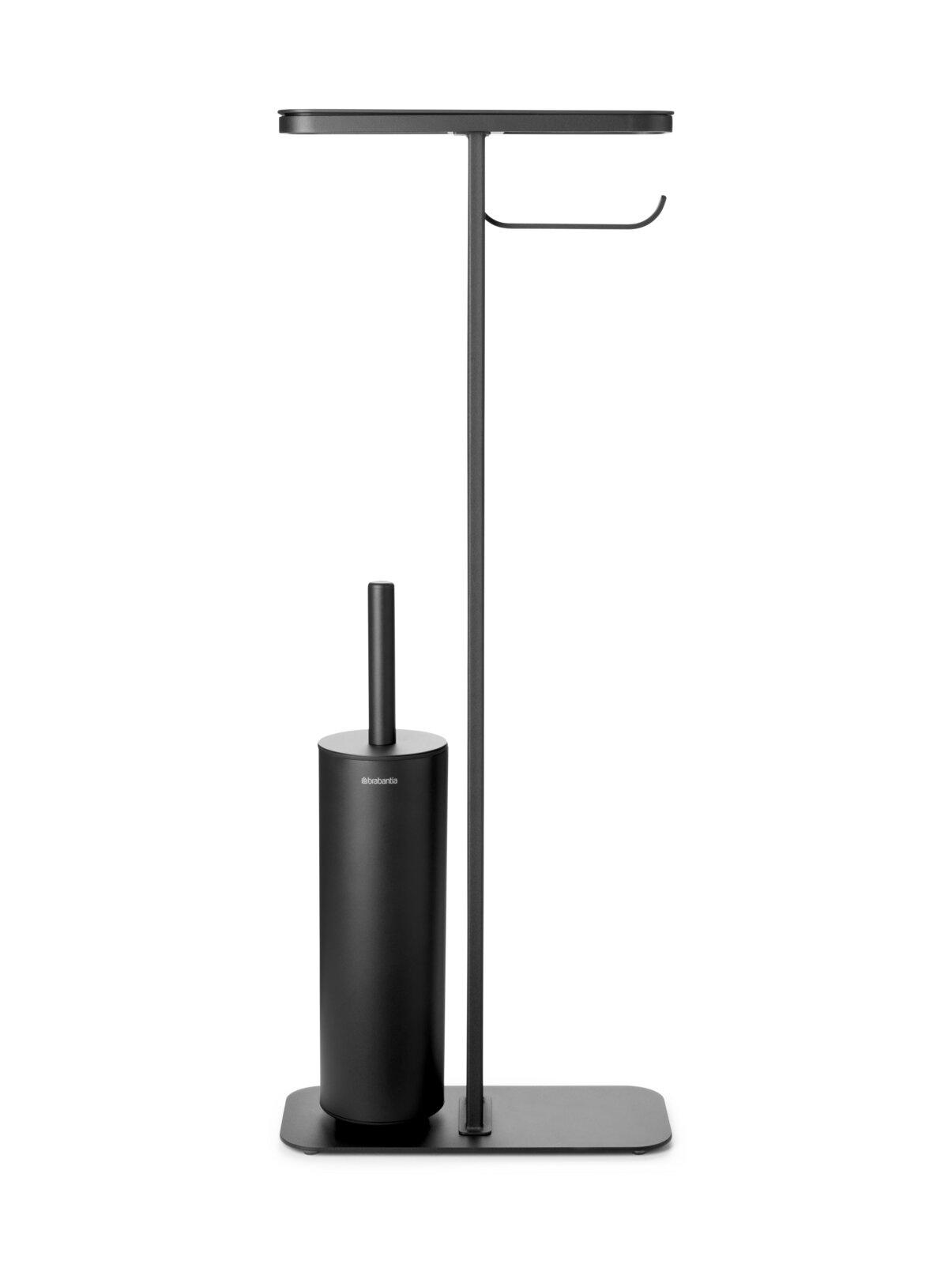 Moderner Toiletten-Butler in schwarzem Design mit Toilettenbürste und Papierhalter, Frontalansicht