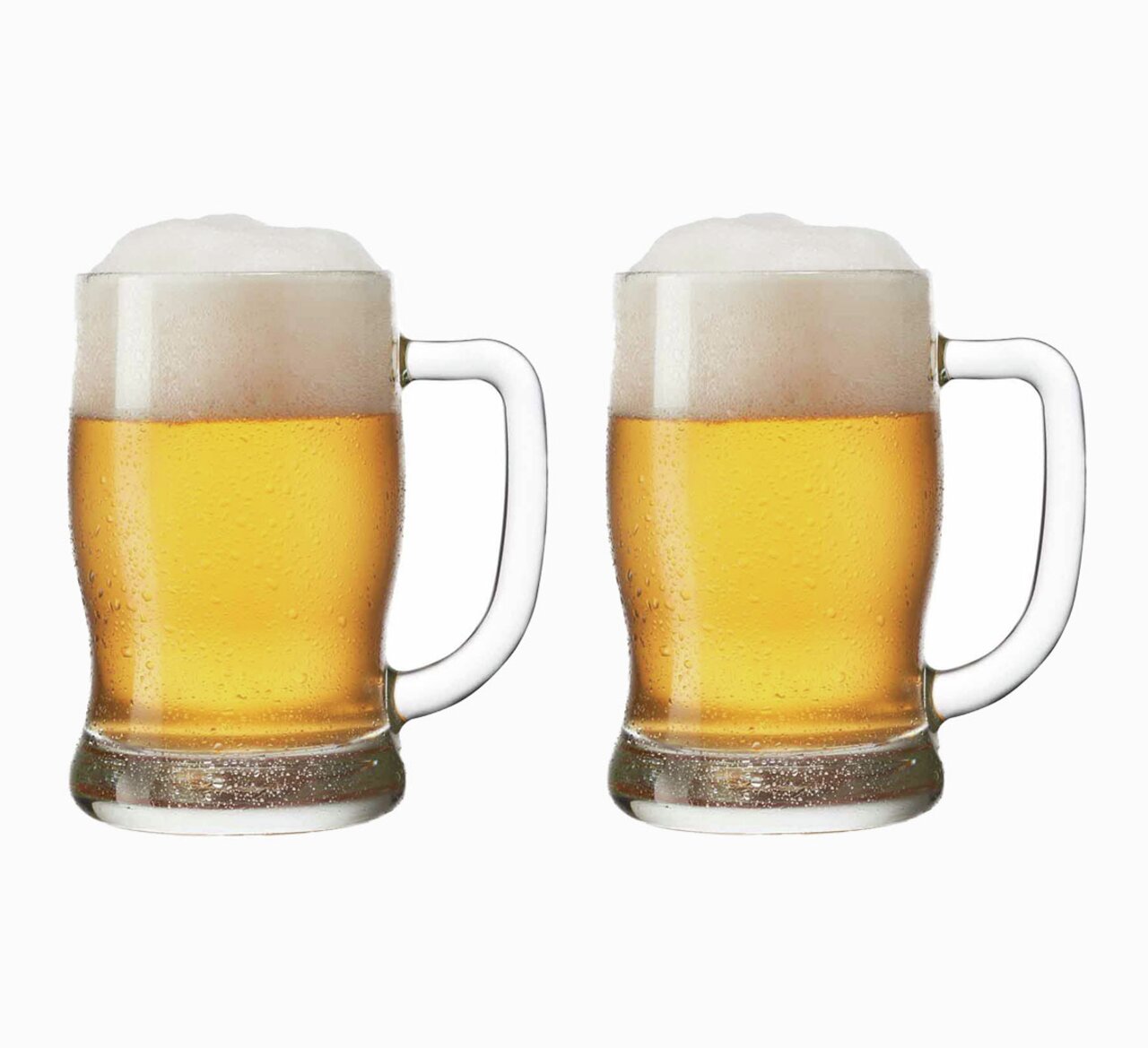 Zwei Bierseidel Taverna 500ml mit Schaumkrone, frontal fotografiert.