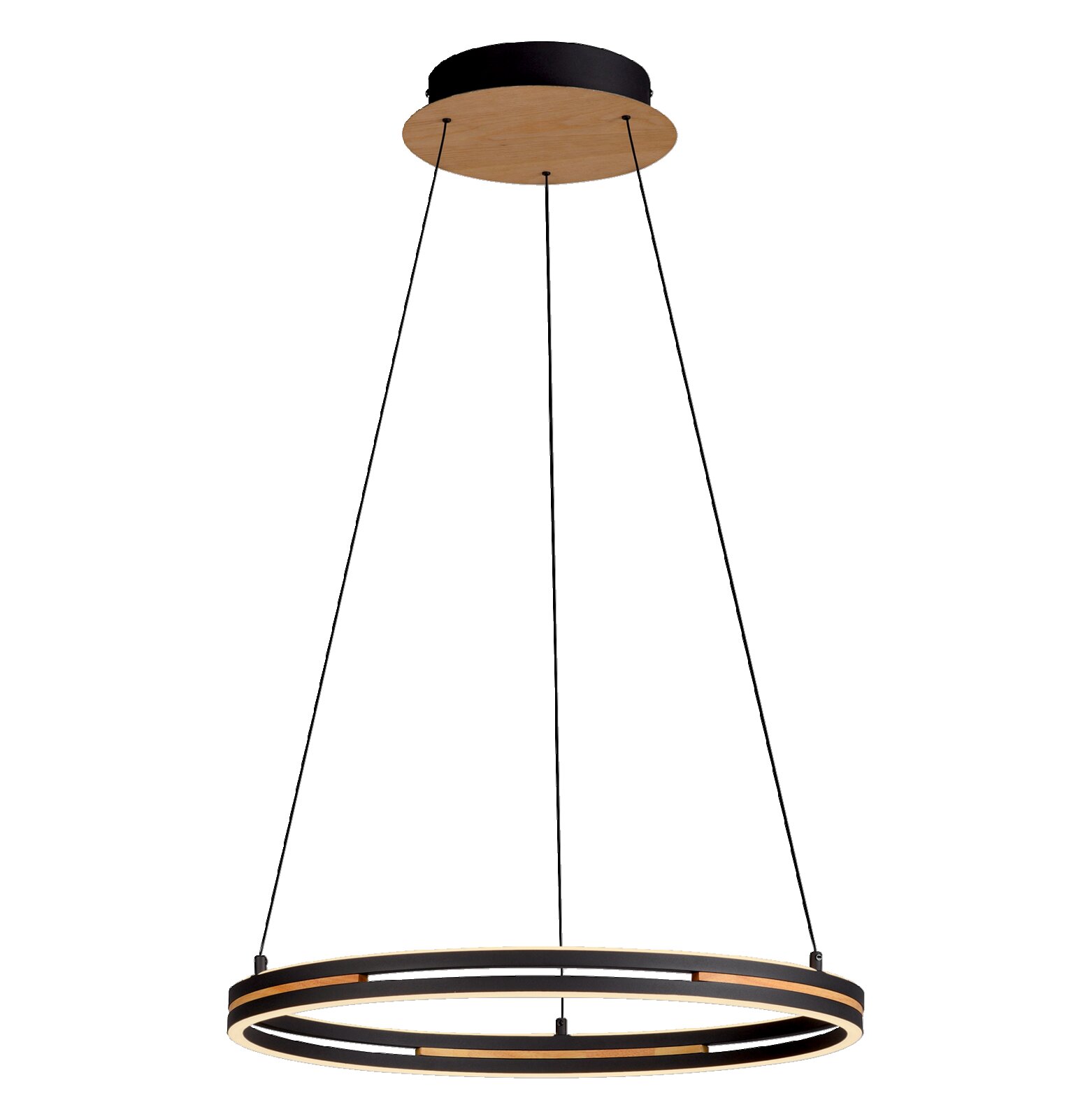 Moderne runde LED-Pendelleuchte mit schwarzem Metallring und Holzdetails, an Seilen abgehängt, Ansicht leicht von unten vor grauem Hintergrund