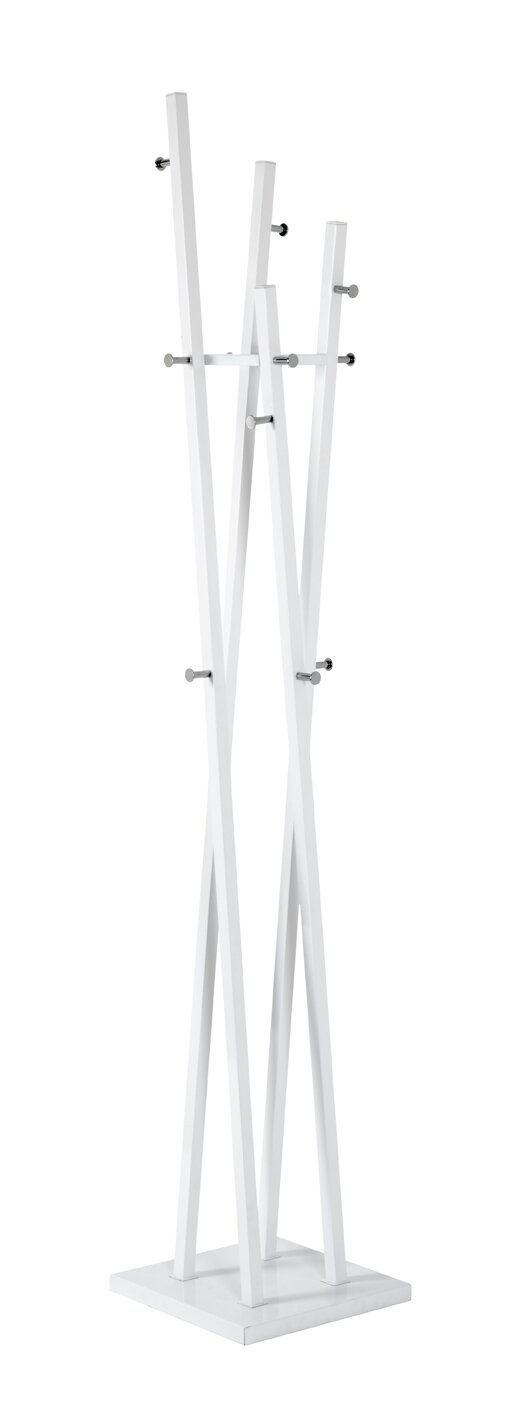 Weißer, freistehender Garderobenständer/Standgarderobe mit mehreren Haken und quadratischer Bodenplatte, Ansicht schräg von vorn auf weißem Hintergrund.