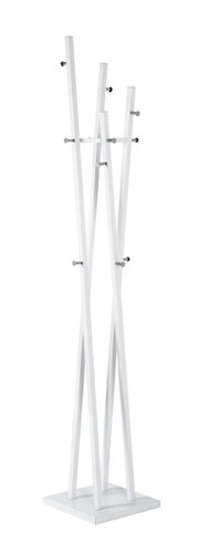 Weißer, freistehender Garderobenständer/Standgarderobe mit mehreren Haken und quadratischer Bodenplatte, Ansicht schräg von vorn auf weißem Hintergrund.