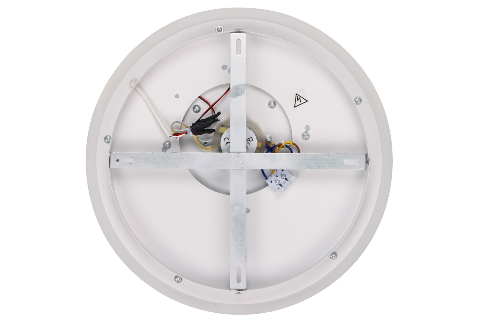 Rückansicht einer runden LED-Deckenleuchte mit sichtbaren Kabeln und Metallhalterungen.