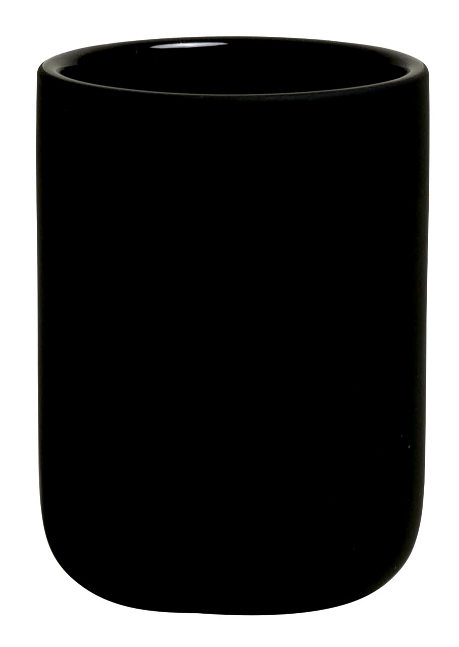 Schwarzer Zahnputzbecher aus Keramik, frontal fotografiert