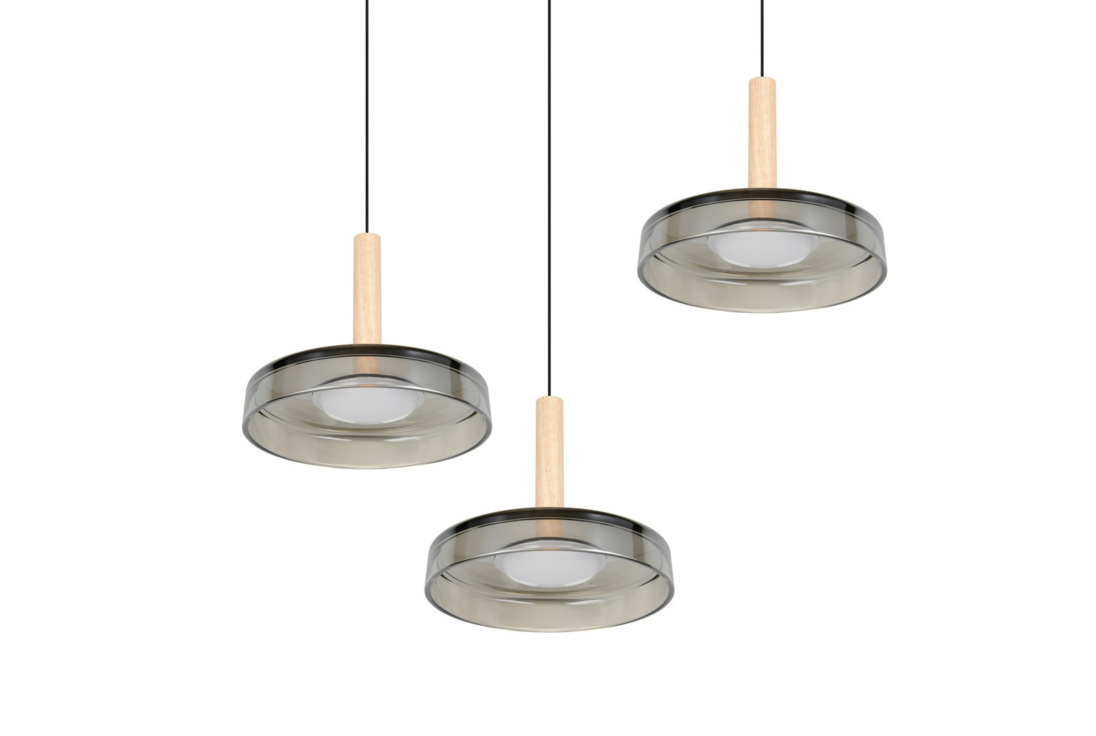 Drei moderne Pendelleuchten Celeste mit transparenten Schirmen und Holzdetails, von unten betrachtet.