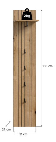 Schmale Wandgarderobe aus Holz mit vertikaler Lamellenoptik, schwarzem Metallrahmen, Ablage oben und mehreren Haken; Frontansicht, Maße ca. 160 x 31 x 27 cm, Belastbarkeit der Ablage bis 2 kg.