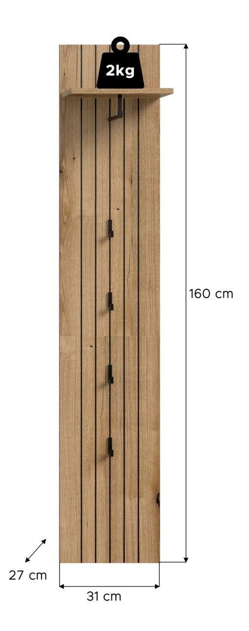 Schmale Wandgarderobe aus Holz mit vertikaler Lamellenoptik, schwarzem Metallrahmen, Ablage oben und mehreren Haken; Frontansicht, Maße ca. 160 x 31 x 27 cm, Belastbarkeit der Ablage bis 2 kg.