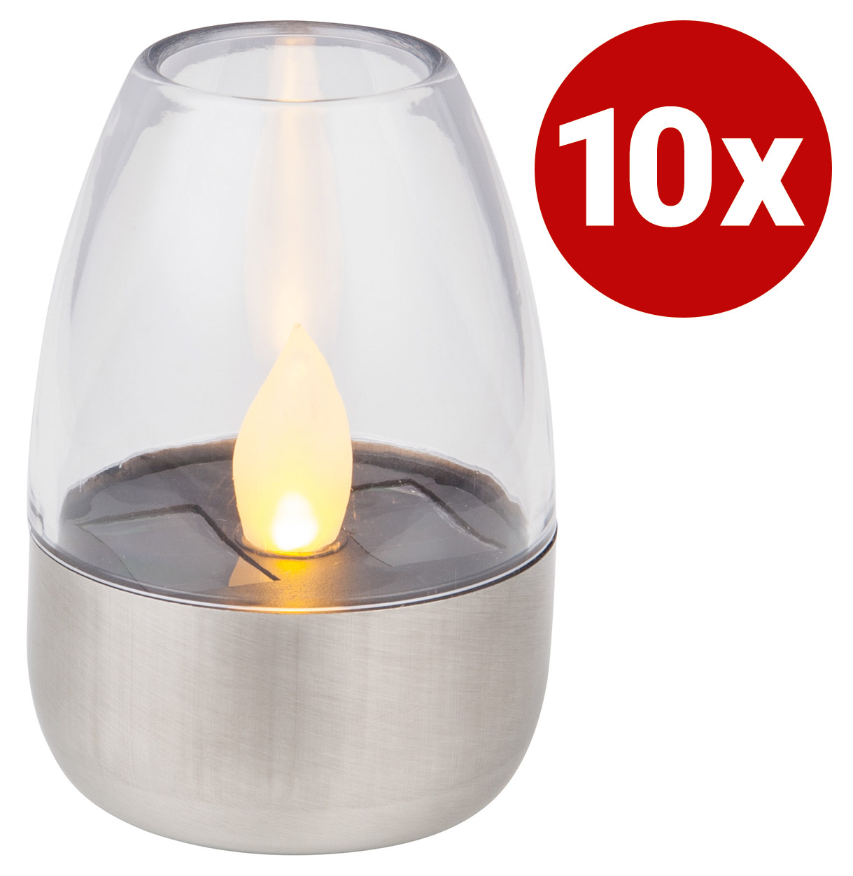 Ambia Garden Solarleuchten 10er-Set Solarbetriebene LED-Kerze in Glas mit Edelstahlfuß, seitliche Perspektive, 10er Set