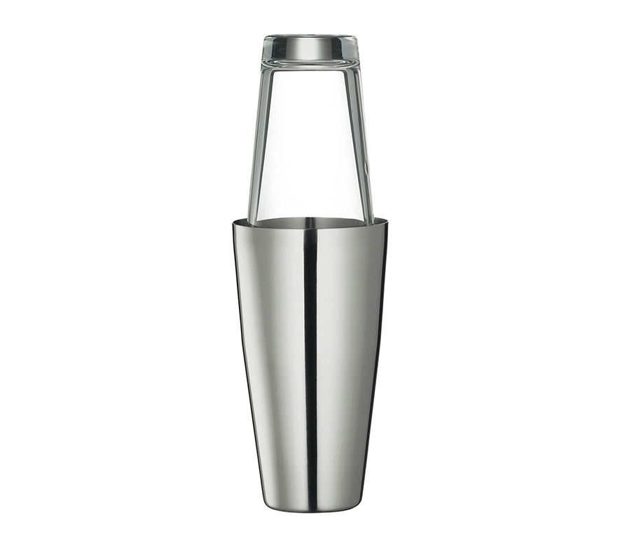 Boston Shaker aus Edelstahl und Glas, frontal abgebildet
