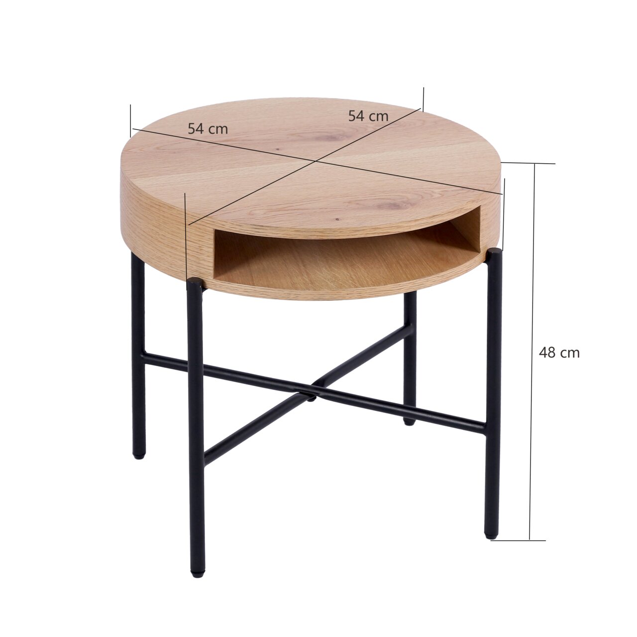 Runder Beistelltisch aus Holz mit schwarzem Metallgestell, seitliche Perspektive