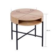 Runder Beistelltisch aus Holz mit schwarzem Metallgestell, seitliche Perspektive