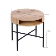 Runder Beistelltisch aus Holz mit schwarzem Metallgestell, seitliche Perspektive