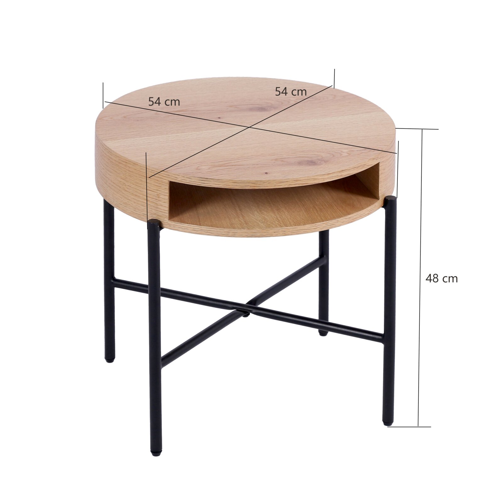 Ronde bijzettafel van hout met een zwart metalen onderstel, zijaanzicht