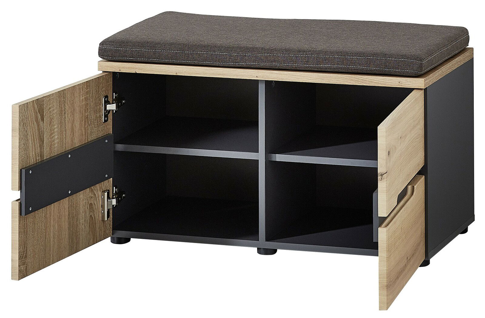 Garderobenbank mit offenem Stauraum und gepolstertem Sitzkissen, Perspektive von vorne