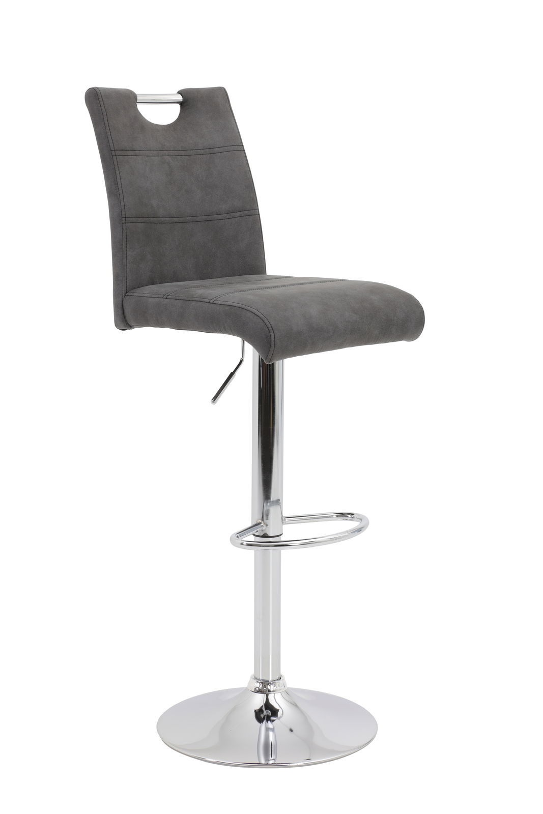 Grauer Barhocker MIRANDA mit verchromtem Gestell und Fußstütze, seitliche Perspektive