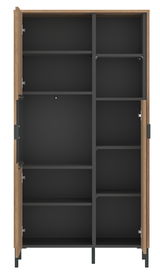 Geöffnete Highboardvitrine mit mehreren Fächern, frontal betrachtet.