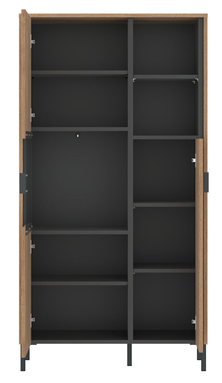 Geöffnete Highboardvitrine mit mehreren Fächern, frontal betrachtet.