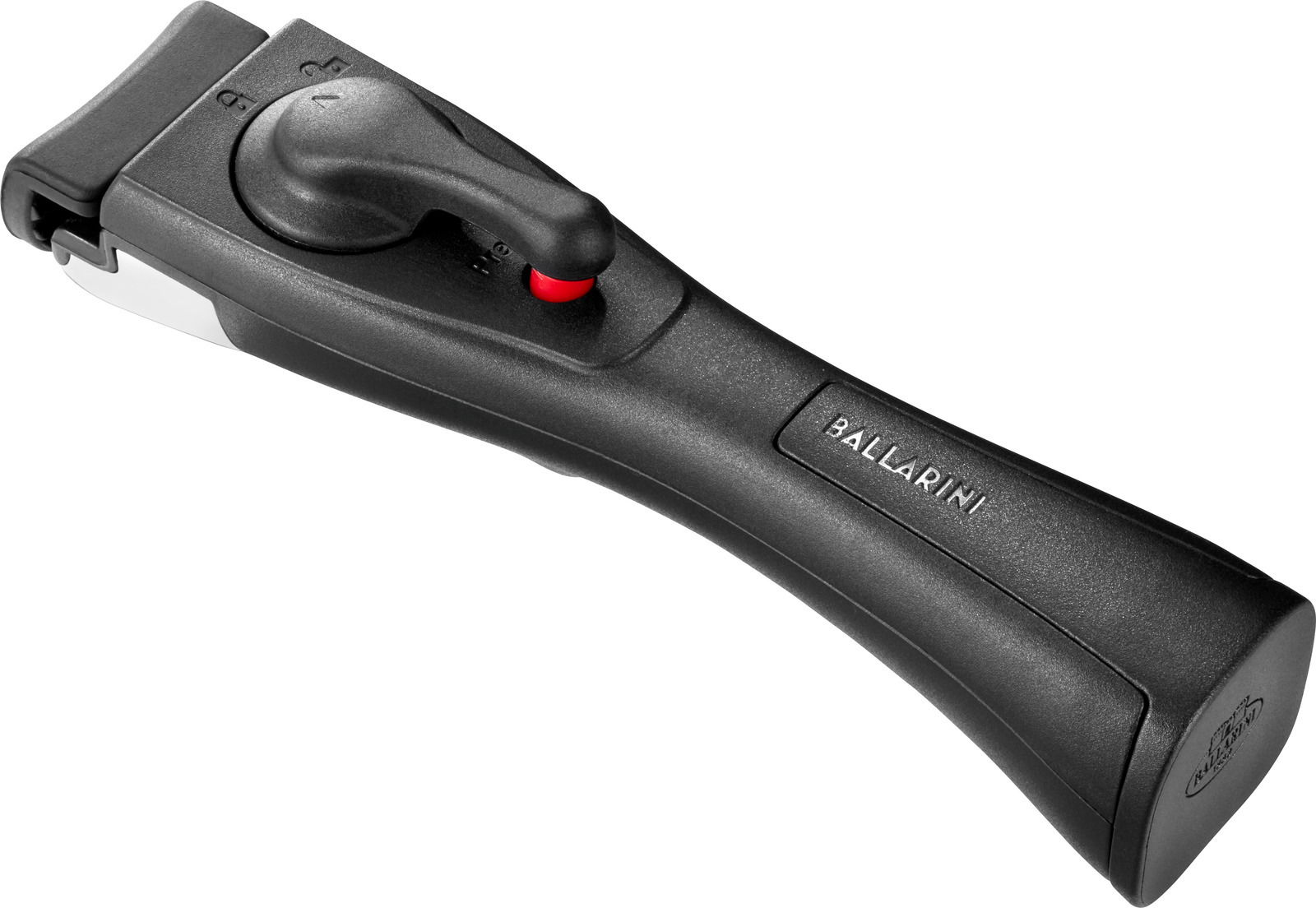Abnehmbarer schwarzer Pfannengriff mit Ballarini-Logo, seitliche Perspektive
