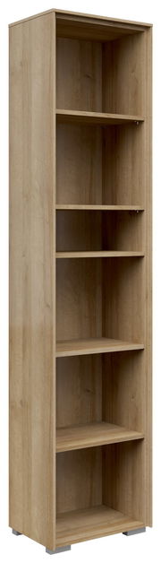 Schmales Aktenregal mit fünf offenen Fächern aus Holz, seitliche Perspektive