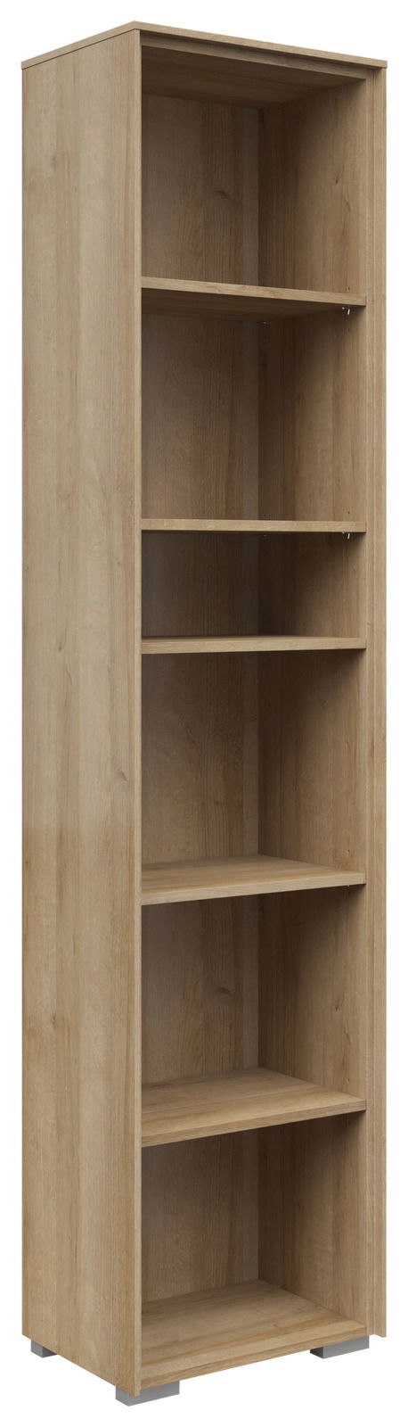 Schmales Aktenregal mit fünf offenen Fächern aus Holz, seitliche Perspektive