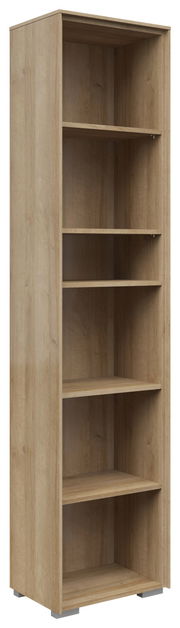 Schmales Aktenregal mit fünf offenen Fächern aus Holz, seitliche Perspektive