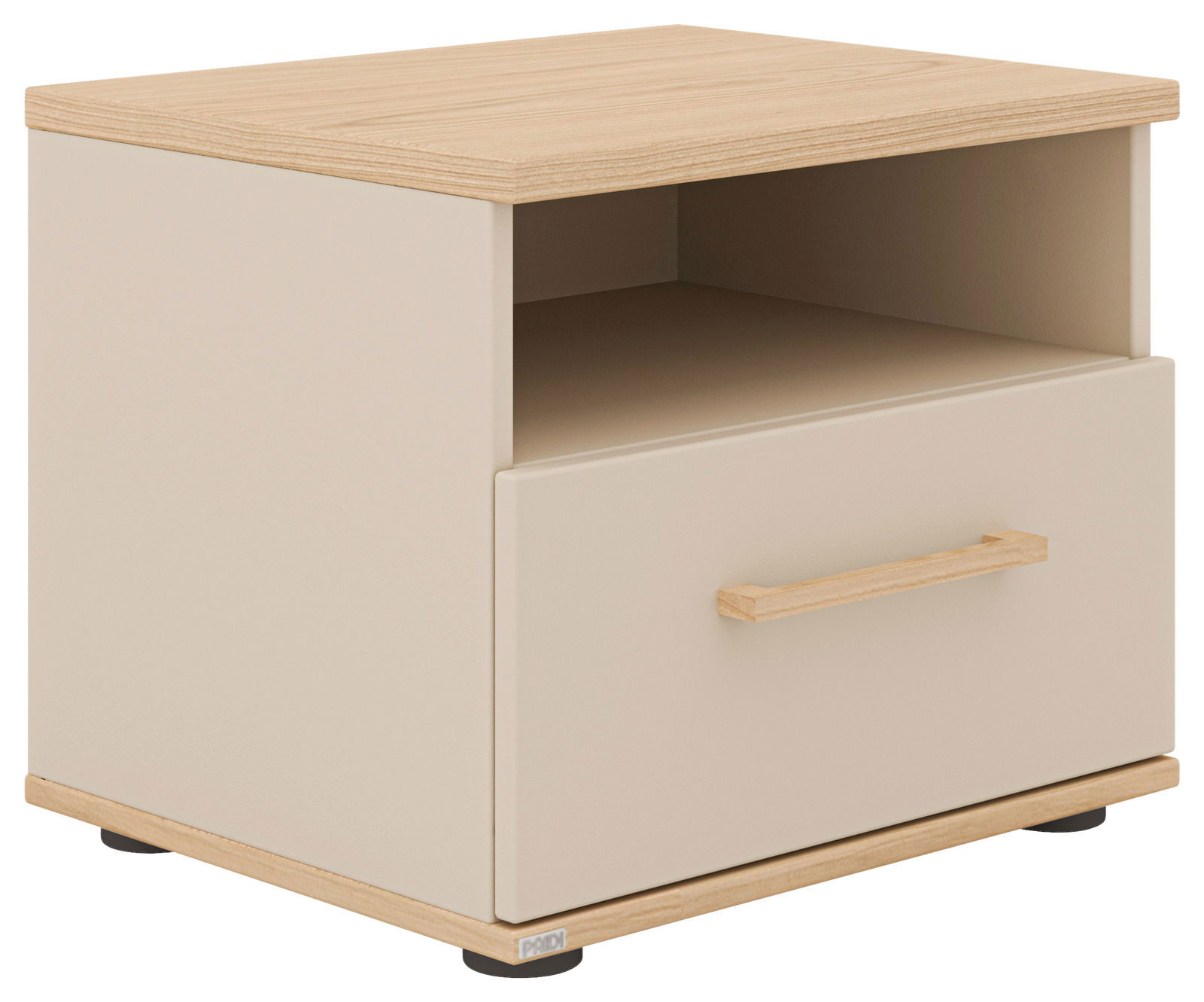 Nachtkommode aus hellem Holz mit einer Schublade und einem offenen Fach, seitliche Perspektive