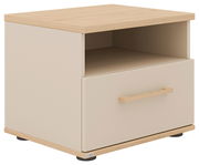 Nachtkommode aus hellem Holz mit einer Schublade und einem offenen Fach, seitliche Perspektive