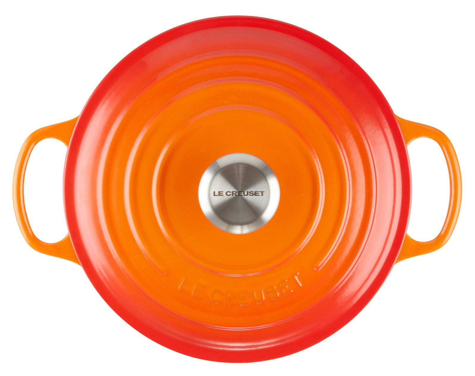 Runder Bräter in Ofenrot von oben mit zwei Griffen und Edelstahlknauf.