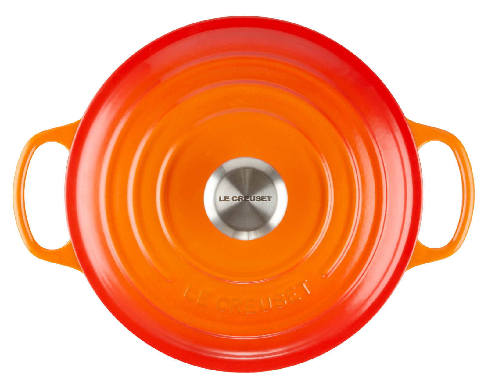 Runder Bräter in Ofenrot von oben mit zwei Griffen und Edelstahlknauf.