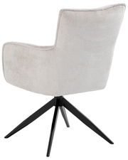 Rückansicht eines modernen Armlehnstuhls mit hellgrauem Stoffbezug und schwarzem Metallgestell.