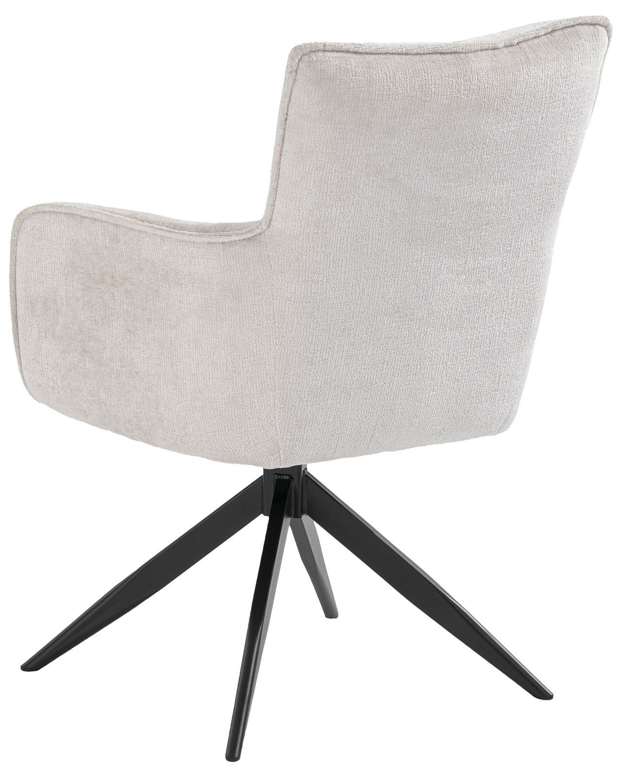 Rückansicht eines modernen Armlehnstuhls mit hellgrauem Stoffbezug und schwarzem Metallgestell.
