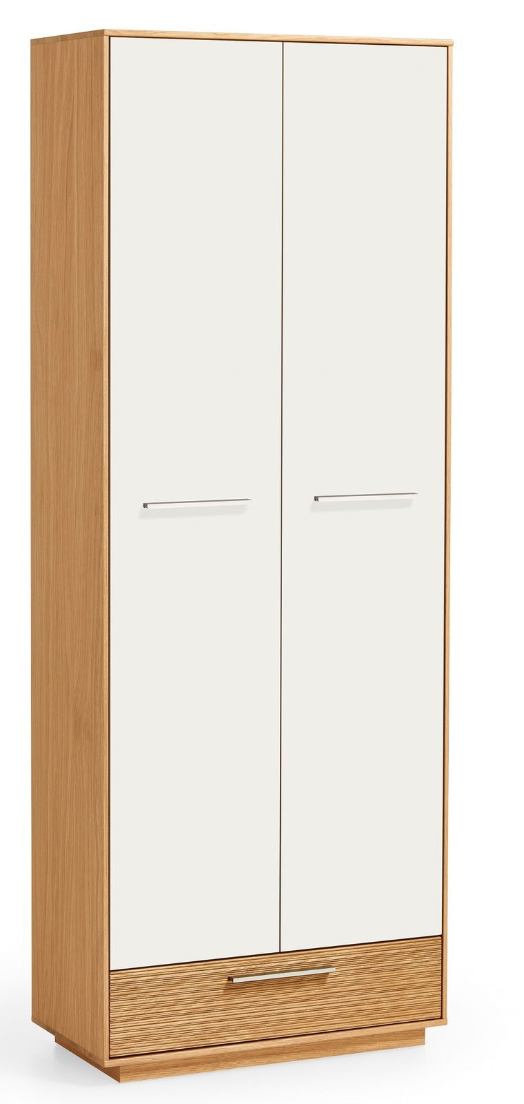 Moderner Dielenschrank aus der Serie LOVENO von VOSS in Holzoptik mit weißen Türen, frontal abgebildet.