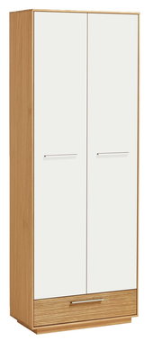 Moderner Dielenschrank aus der Serie LOVENO von VOSS in Holzoptik mit weißen Türen, frontal abgebildet.