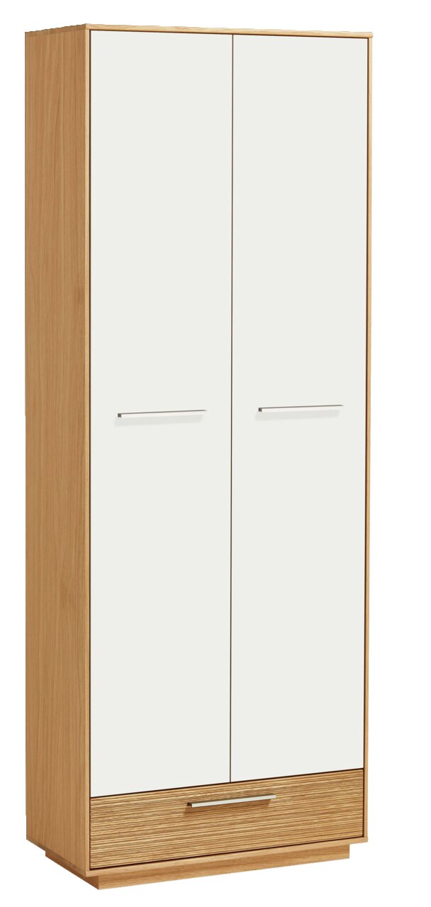 Moderner Dielenschrank aus der Serie LOVENO von VOSS in Holzoptik mit weißen Türen, frontal abgebildet.