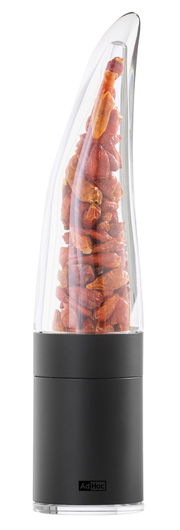 Chilischneider mit transparentem Behälter, gefüllt mit getrockneten Chilischoten, seitliche Perspektive