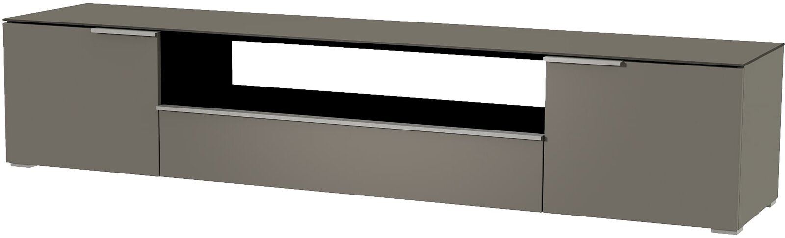 Frontansicht eines modernen, grauen XL TV-Lowboards mit offenen und geschlossenen Fächern.