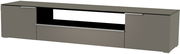 Frontansicht eines modernen, grauen XL TV-Lowboards mit offenen und geschlossenen Fächern.