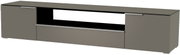 Frontansicht eines modernen, grauen XL TV-Lowboards mit offenen und geschlossenen Fächern.
