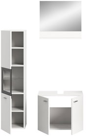 Badezimmerkombination bestehend aus einem hohen weißen Schrank mit Glastür, einem weißen Waschtischunterschrank mit zwei Türen und einem rechteckigen Spiegel. Frontalansicht.
