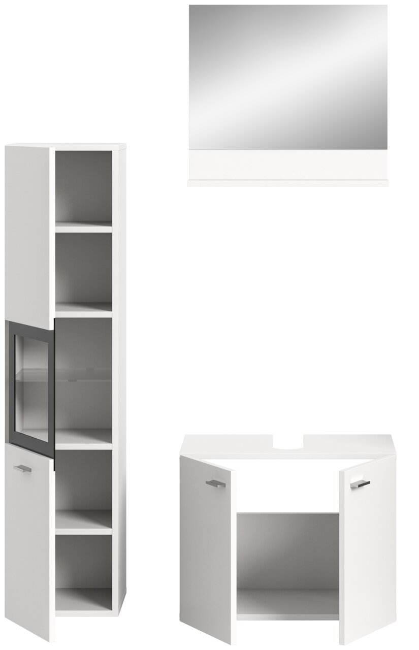 Badezimmerkombination bestehend aus einem hohen weißen Schrank mit Glastür, einem weißen Waschtischunterschrank mit zwei Türen und einem rechteckigen Spiegel. Frontalansicht.