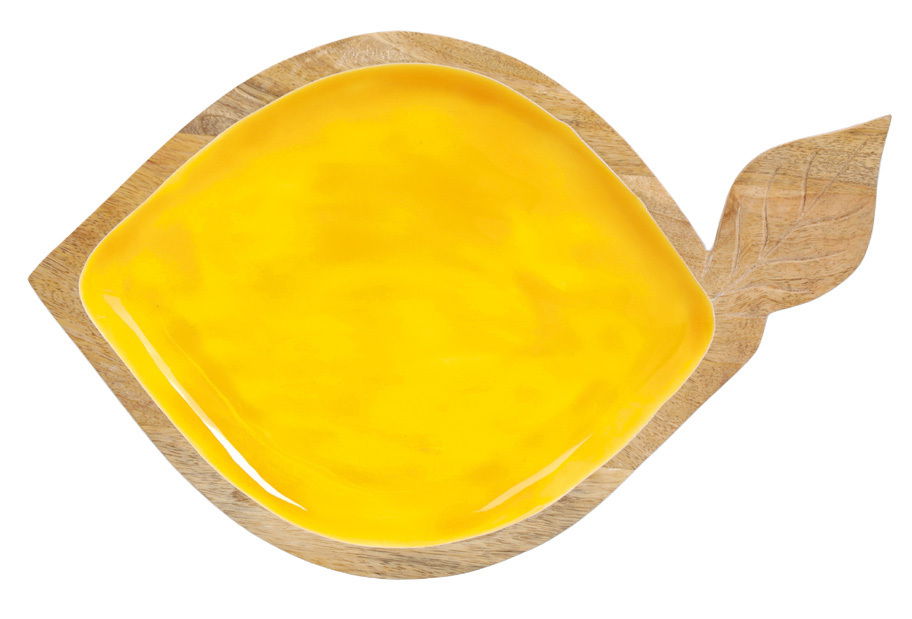 Servierschale aus Mangoholz in Form einer Zitrone mit gelber Innenfläche, Vogelperspektive