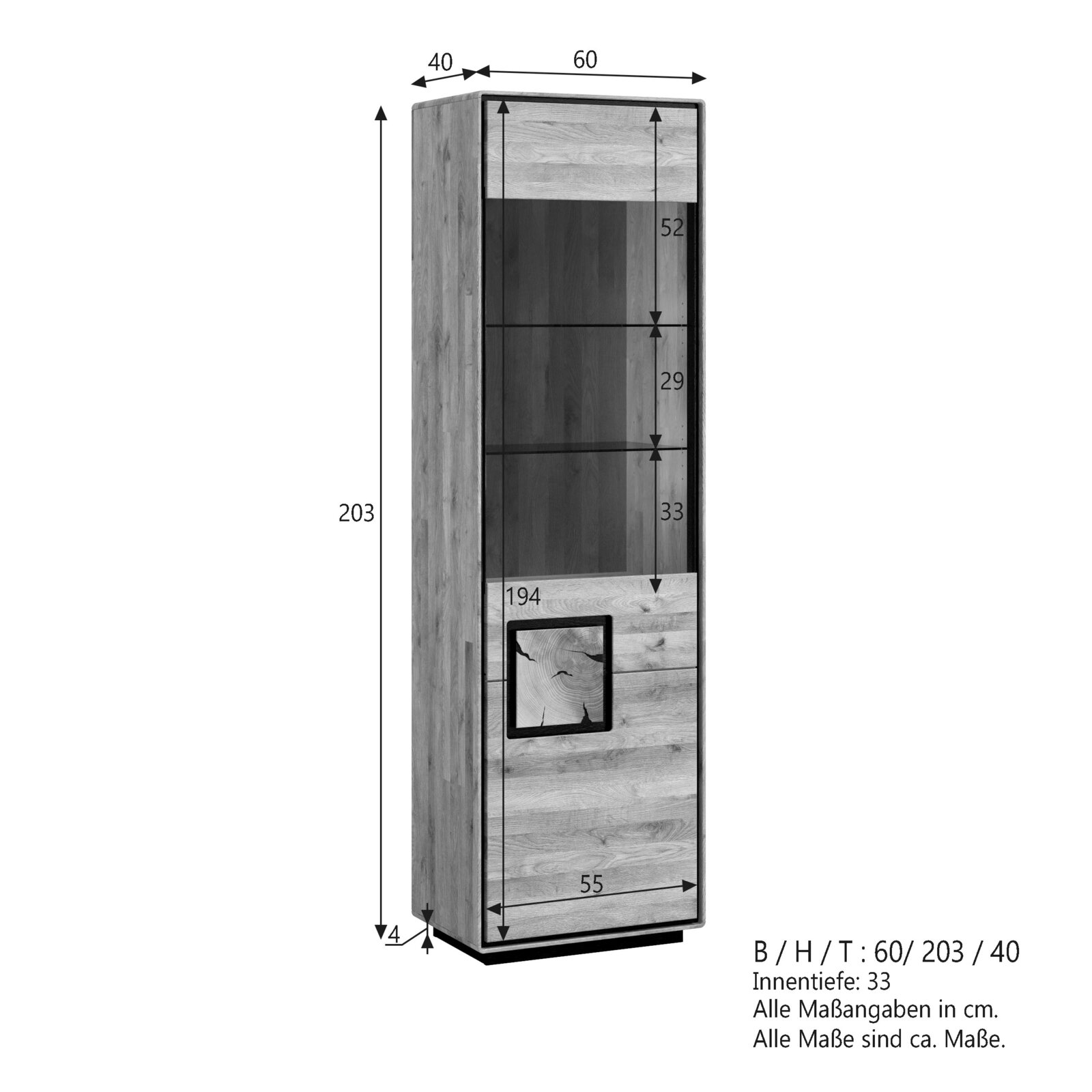 Hoher Vitrinenschrank aus Holzoptik mit Glastür und unterem Fach, Maßgrafik mit B/H/T 60/203/40 cm, in schräger Frontansicht von vorn links dargestellt.