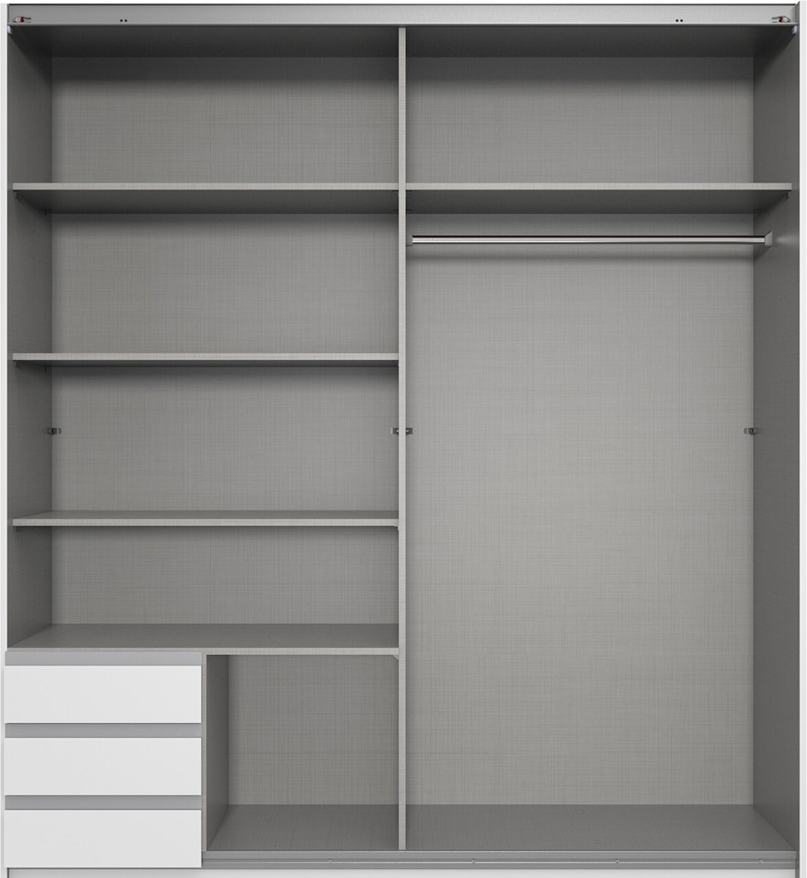 Open hangkast met twee deuren, meerdere planken, een kledingstang en drie lades, gezien vanaf de voorkant.