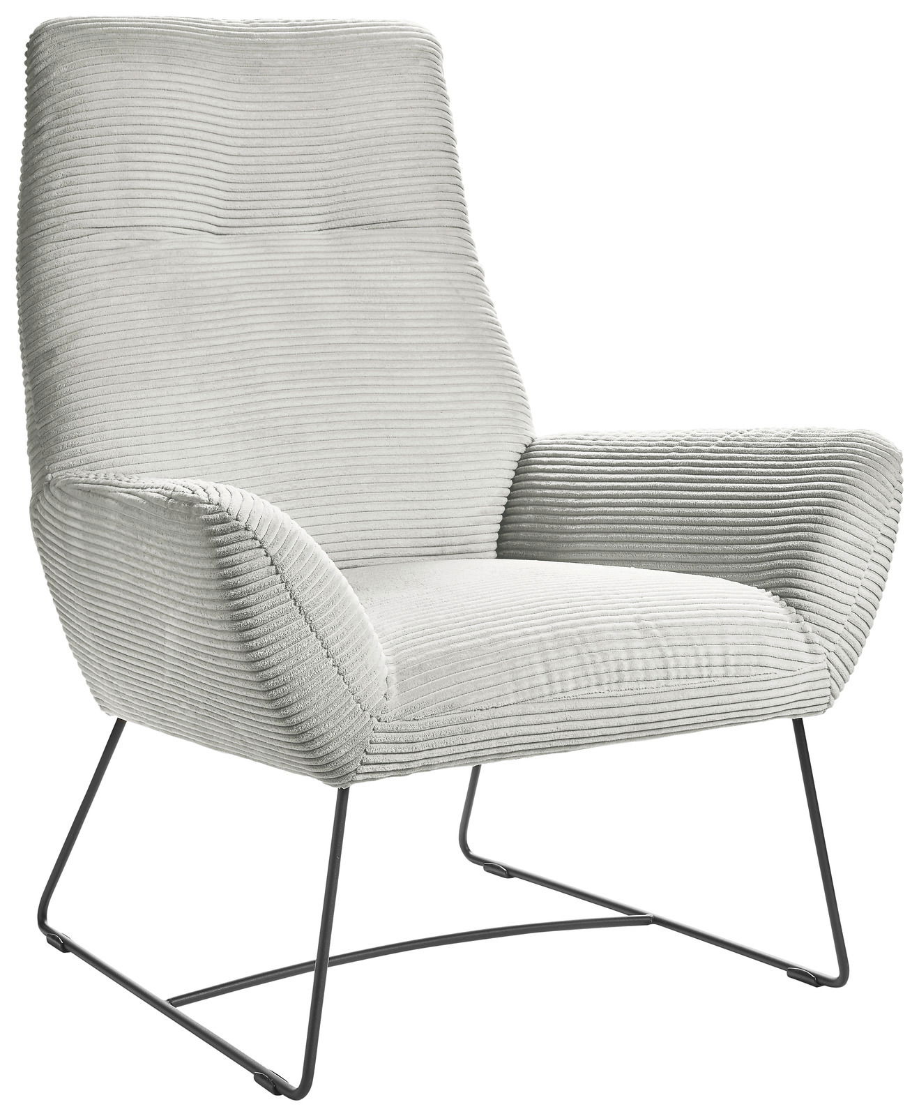 Moderner Sessel mit geripptem Stoffbezug und Metallgestell, seitliche Perspektive