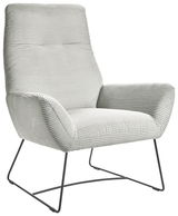 Moderner Sessel mit geripptem Stoffbezug und Metallgestell, seitliche Perspektive