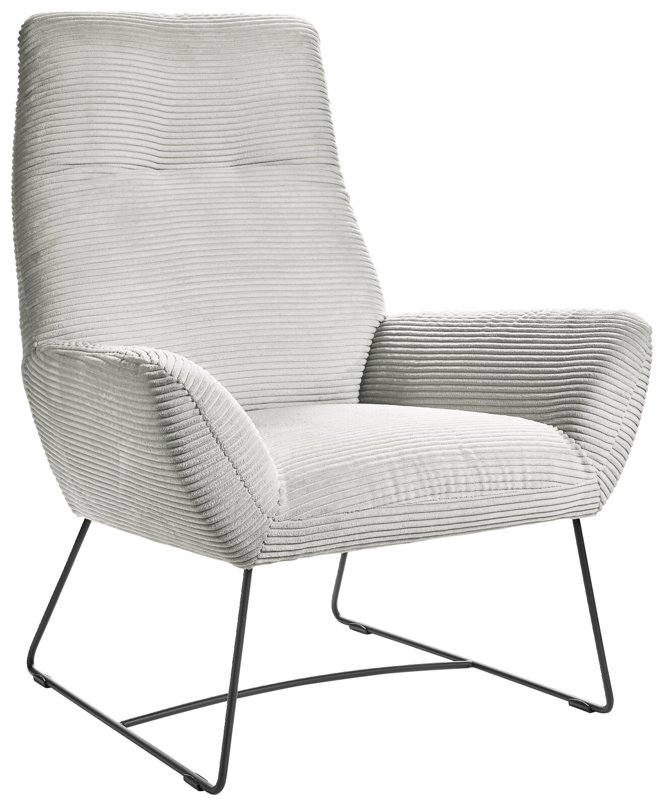 Moderner Sessel mit geripptem Stoffbezug und Metallgestell, seitliche Perspektive